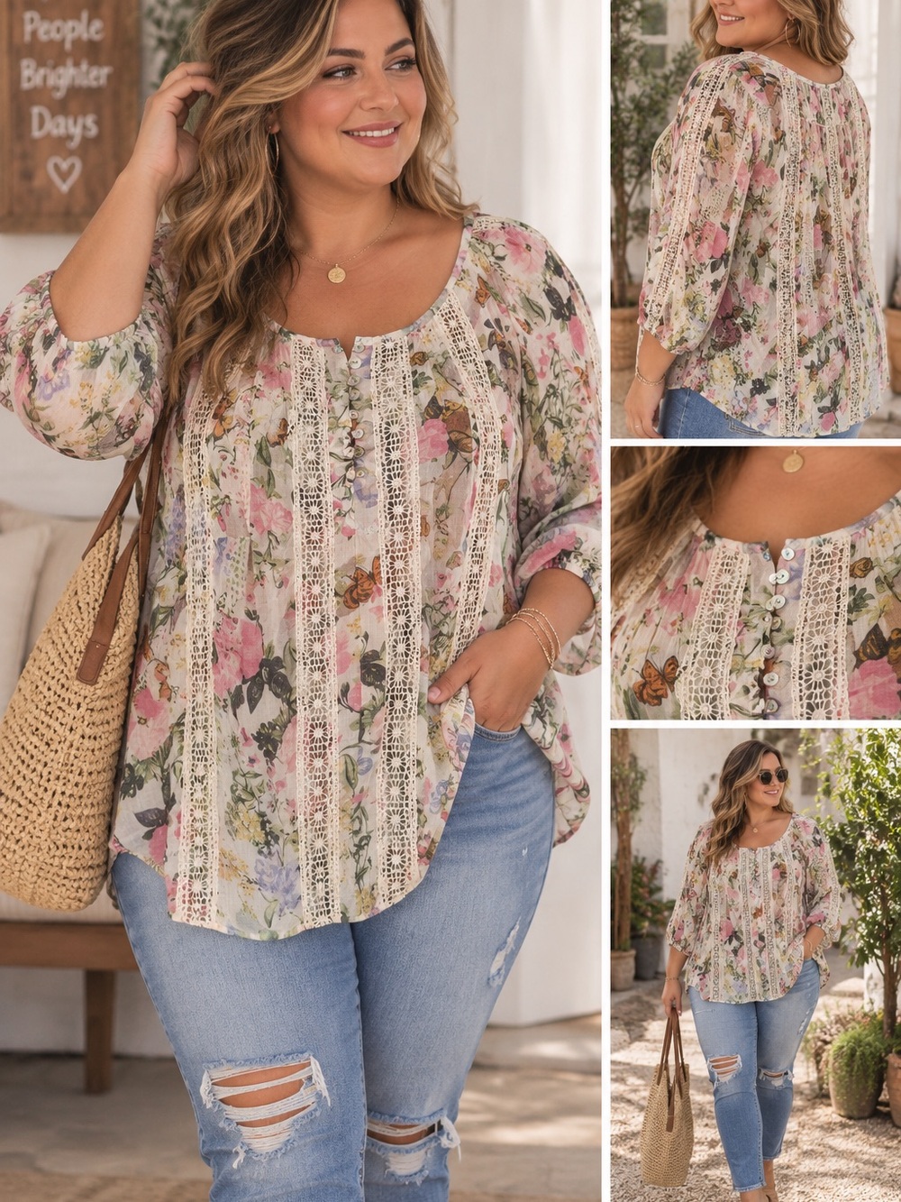 fig and flower Floral Lace-Trim Tunic - Pink, Green, Cream